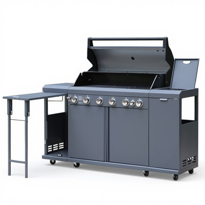 Brand-Man 6-Burner Gas Outdoor Kitchen Grill Island with Grill Cover, 72,000 BTU, Side Burner, Fold-Out Prep Table & Storage Cabinets, Dual Fuel LPG/NG Convertible, Stainless Steel Burners