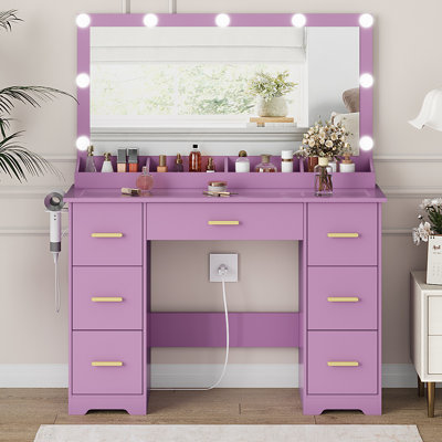 43.7" W Modern 7-Drawer Makeup Vanity with Large LED Lighted Mirror and Power Outlet for Bedroom