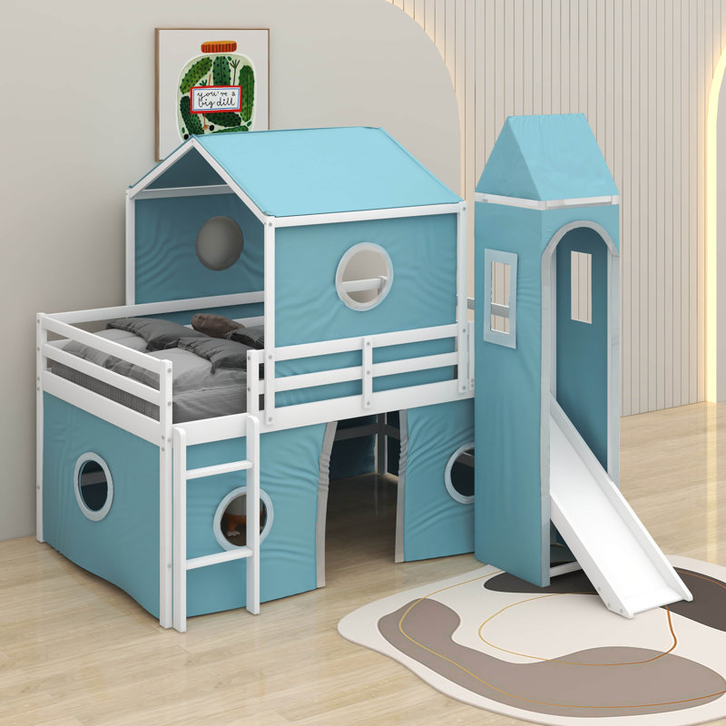 Lit mezzanine double avec tour, Bleu