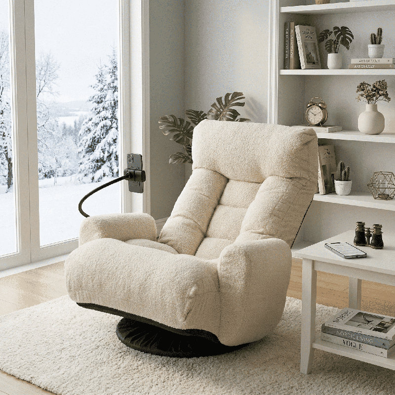 Fauteuil pivotant moderne en sherpa avec fauteuil inclinable et confortable pour le salon, Beige