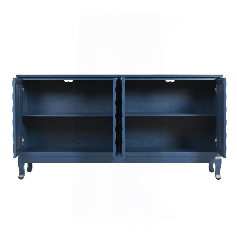 Élégant buffet doté de portes à motif ondulé sophistiquées avec un design à rainures arquées dans une disposition élégante à quatre portes, réglable, adapté pour le bureau, le vestibule et le salon (bleu marine)