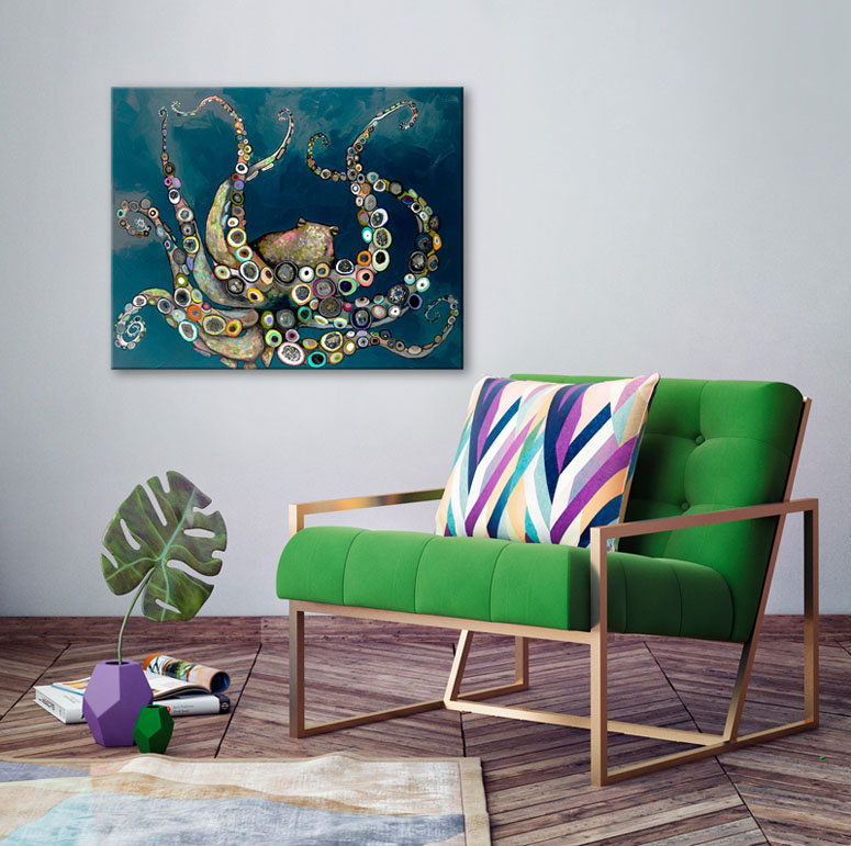 Eli " Octopus in the Deep Blue Sea " Oil Painting, 18" H x 24" W