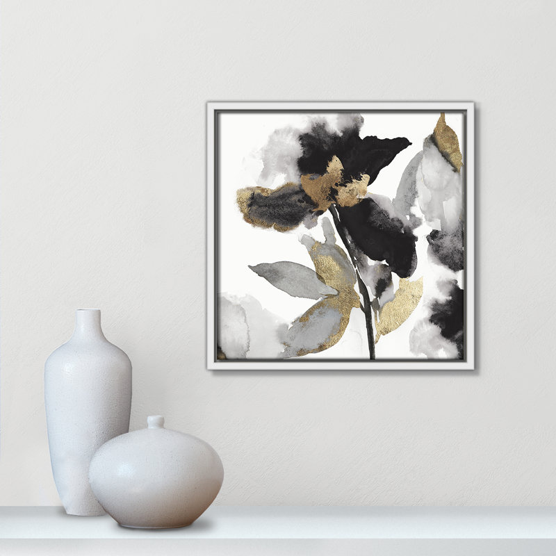 «Black Petals Black Gold Leaves II» par Asia Jensen, Blanc, H 13,5 po x l 13,5 po