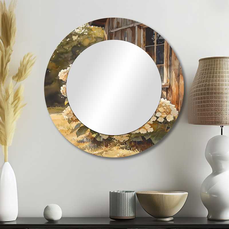Hortensias dans le poulailler - Art mural miroir floral - imprimé sur métal, 23 po x 23 po