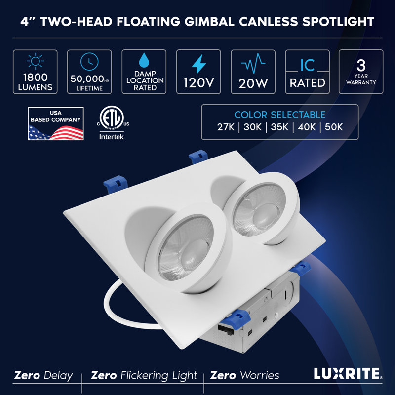 Luxrite 4 po Éclairage encastré carré à 2 têtes à cardan flottant à DEL, rotatif à 360 ° et inclinable à 90 °, 5CCT, CRI90, 20W, 1800LM, intensité variable, classé IC, paquet de 4