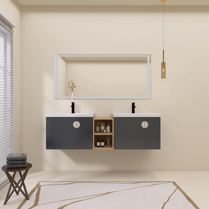 Ensemble de meuble-lavabo mural 68 po, 4 portes flottantes, lavabos en céramique et tablettes de rangement 68 po