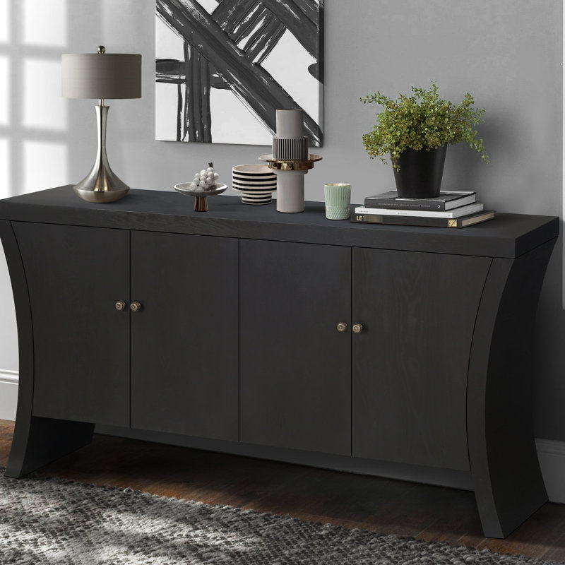 Black 4-Door With Wooden Arc Legs - Advanced Storage Cabinet Bronze Handles Refined Industrial 4 Doors & Shelves And Clasps