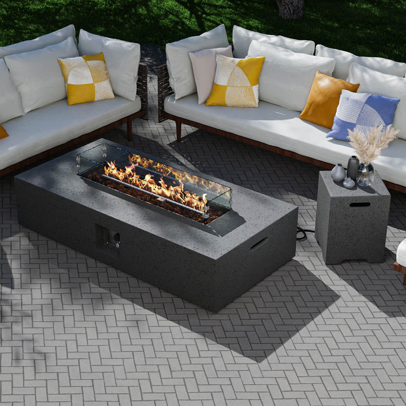 56" Rectangle Concrete Propane Fire Pit Table With Propane Tank Cover & Tempered Glass, Drak Gray
