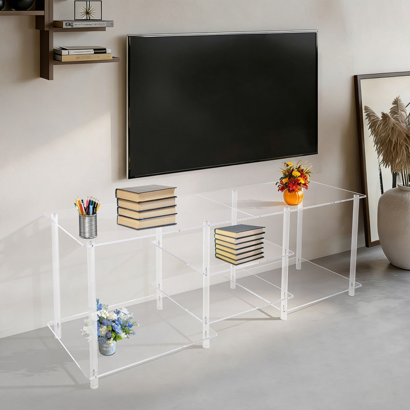 Meuble télé en acrylique transparent avec tablettes ouvertes pour le salon ou la chambre à coucher