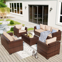 Caradog Wicker 6 - Person Patio Conversation Sets with Cushions Coffee Table and Fire Pit Latitude Run Frame Color/Cushion Color: Brown Frame/Beige C