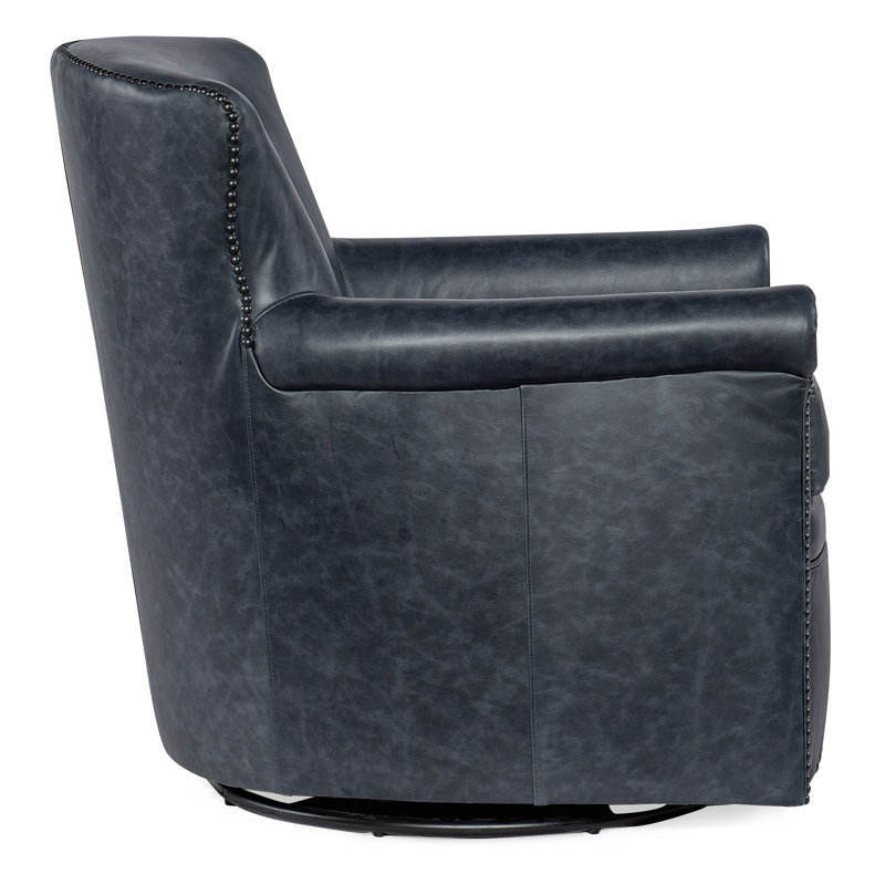 Blue Leather Swivel Accent Chair with Wood Frame