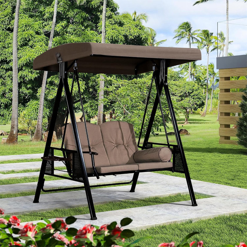 Balancelle de luxe à 2 places avec support et porte-gobelets, avec auvent et oreiller inclus, beige, Kaki, L 61,4 po