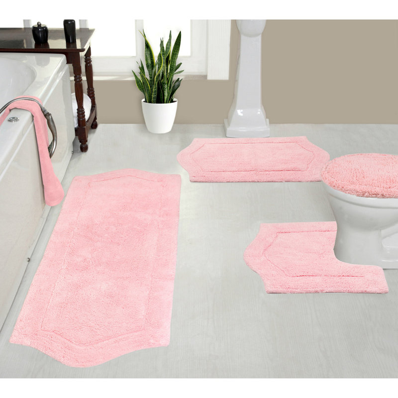 Waterford 4 Piece Bath Mat Set with Lid Cover, Quick Dry, Machine Washable Rugs, Absorbent, Pink