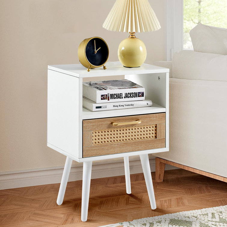 Alfonce 15.75" Wide End Table With Rattan Drawer, WIth Open Storage Space With Mid-level Cut-outs And Solid Wood legs Side Table for Living Room, Bedroom
