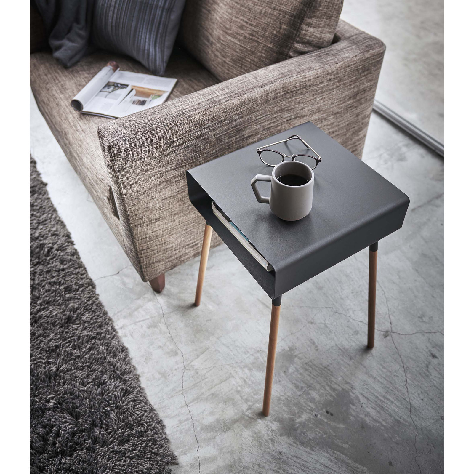 Yamazaki Home Tall Side Table With Storage Shelf, Rectangular Accent Bedside End Table, Steel + Wood, Black