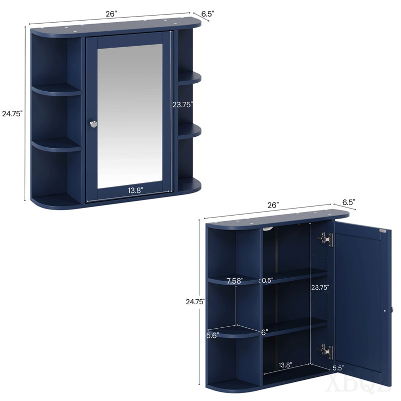 Bathroom Wall Storage Cabinet With Mirror, Medicine Cabinet With Adjustable Wood Shelf & Doors, Mounted Storage Cabinets With 6 Open Shelves, Grey