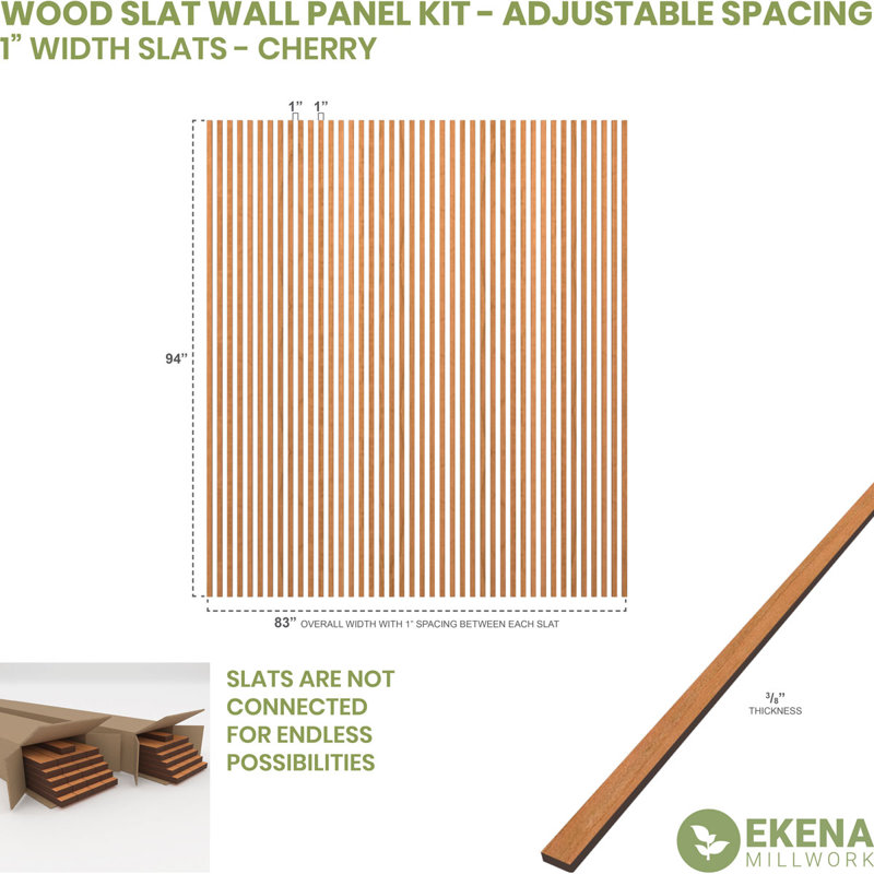 Adjustable Wood Slat Wall Panel Kit, Cherry, 1"W x 94"H x 0.375"T