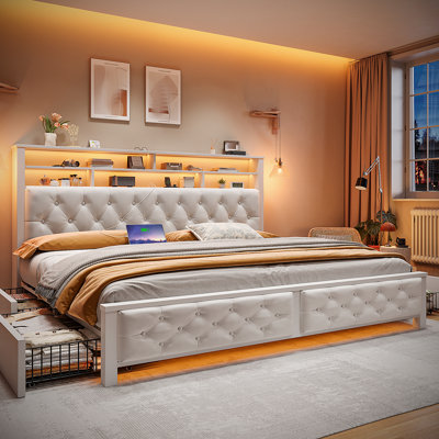  Upholstered Bed with Wood Frame, 4 Storage Drawers, Modern Bed Frame with Charging Station & LED Lights, Headboard Included,King/Beige