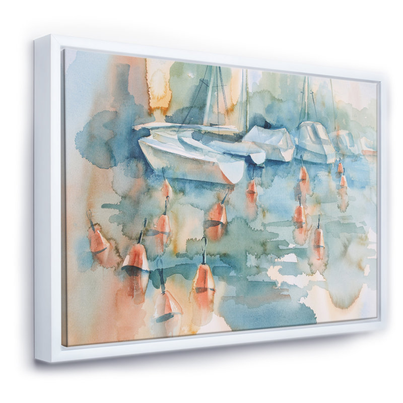 Bateaux et bouées dans le port - reproduction d'art sur toile, H 24 po x l 32 po x P 1 po, Toile blanche encadrée