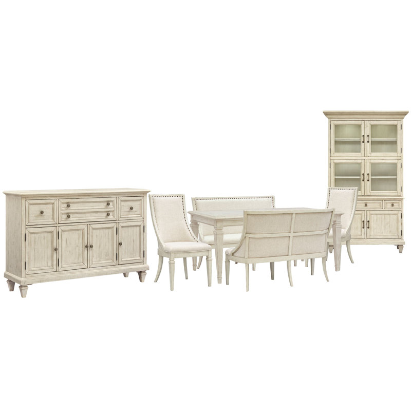 Extendable Rectangular Dining Table With 2 Upholstered Benches 2 Arm Chairs Buffet And Dining Cabinet