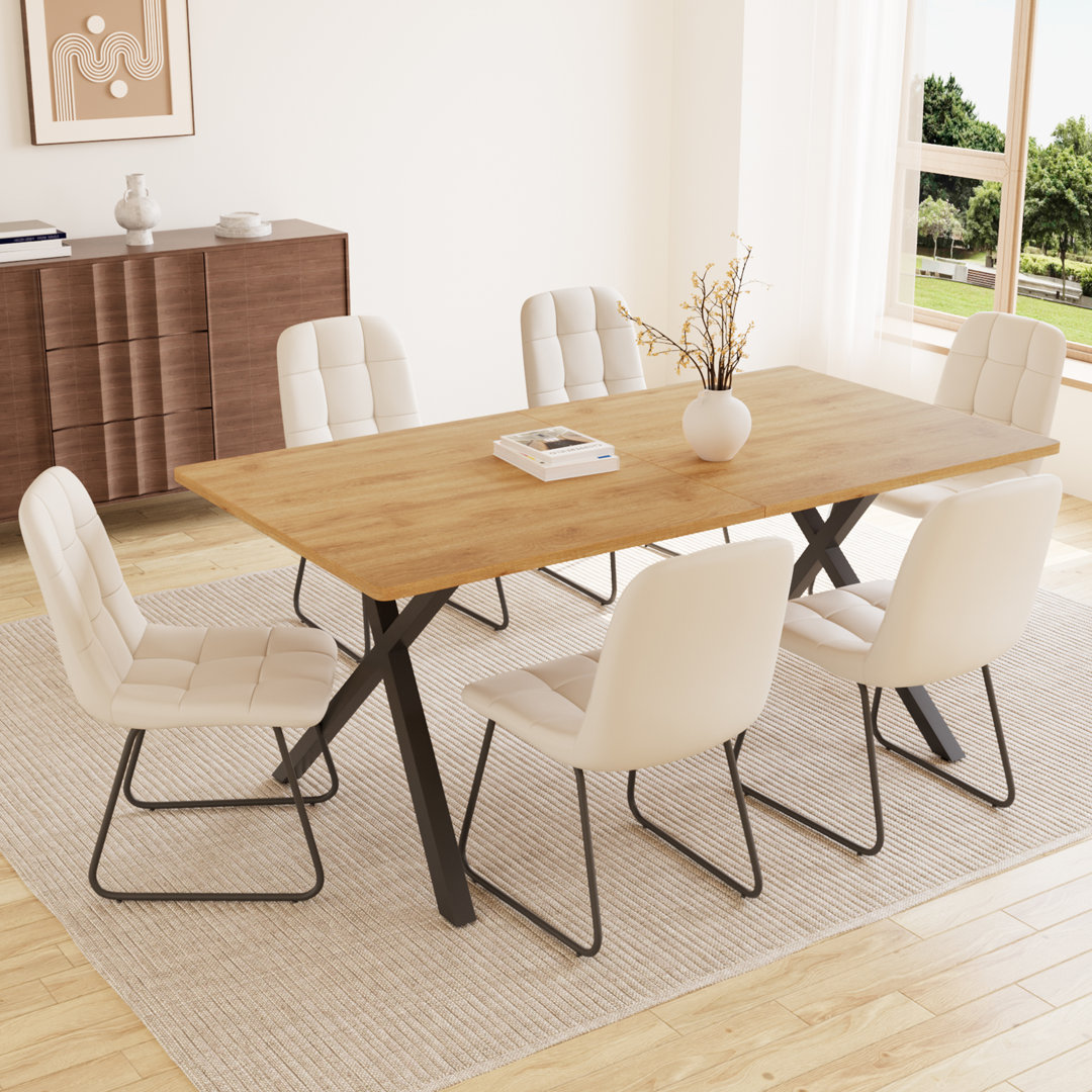 63" Modern Oak Dining Table Set For Small Spaces, Set With Rectangular Table & Padded Leather Chairs, Compact, Sturdy & Easy To Assemble
