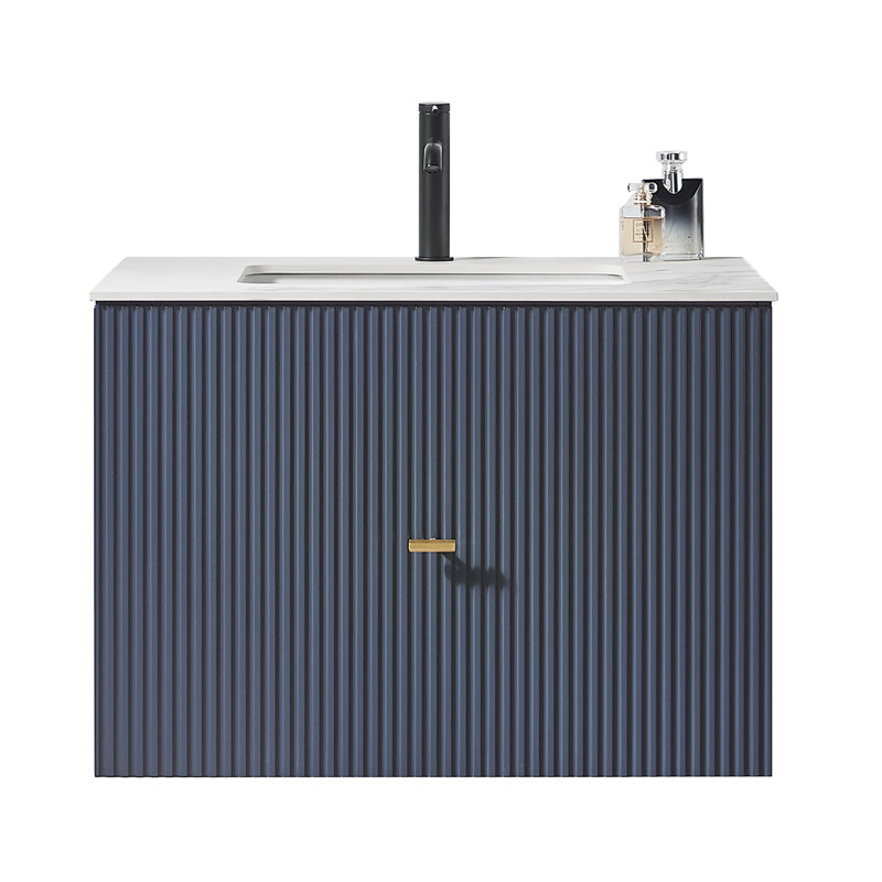 Jamell 30'' Single Bathroom Vanity with Engineered Stone Top, White, Dark Blue