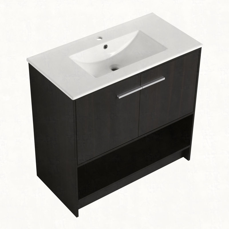 Meuble-lavabo 36 po avec lavabo en céramique, 2 portes à fermeture douce, meuble-lavabo autoportant, contreplaqué