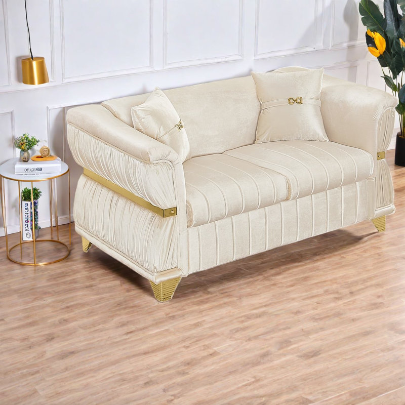Causeuse spacieuse en velours beige moderne en métal doré 61,8 pouces pour la maison