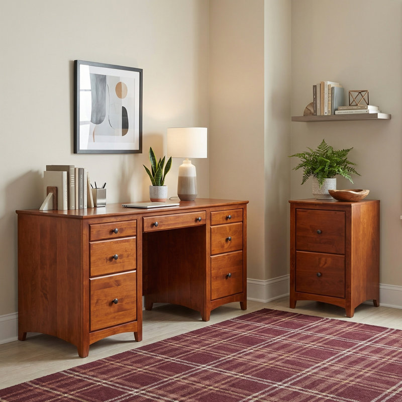 Solid Wood Credenza Desk With 2-Drawer File Cabinet