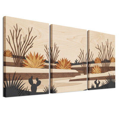 Ensemble de 3 toiles murales représentant un paysage de cactus du désert avec une texture de grain de bois