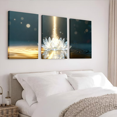 Crystal Lotus Flower with Golden Light Canvas Wrapped Wall Art Oil Painting Print Set of 3
