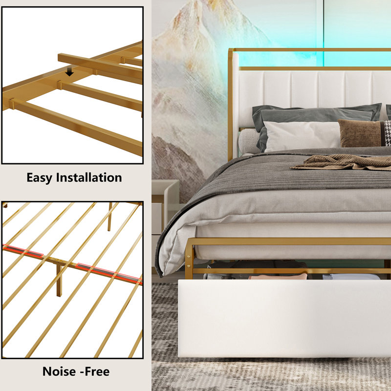 Omartin 45.4'' Bed Frame Twin Size with Armrests Headboard & RGB Light, Upholstered Twin Size Bed Platform with Drawers