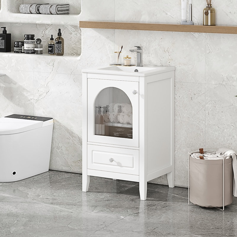 Meuble-lavabo de 20 po avec lavabo, armoire de salle de bain avec porte en verre à fermeture douce, tiroir, Blanc