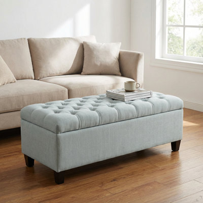 Banc de rangement avec repose-pieds 50,25 po - Banc de rangement bleu bébé avec charnières de sécurité, tabouret avec repose-pieds pour le salon, la salle à manger, le vestibule et le couloir