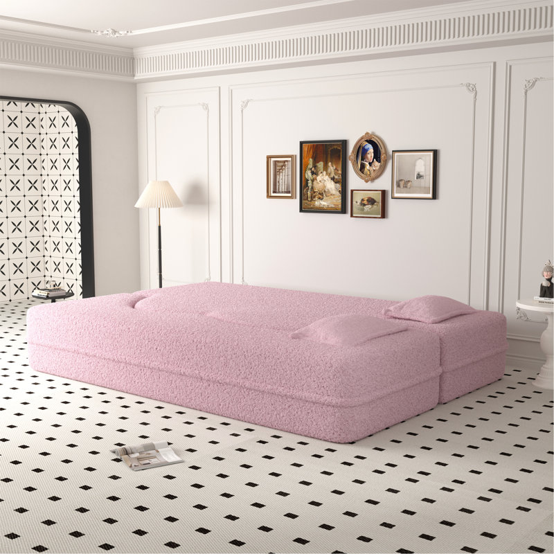 Canapé-lit moderne avec 2 coussins, canapé-lit convertible en tissu rembourré de mousse, matelas pliant double de 15 po pour le salon, lit d'invité, salle de jeux, aucun assemblage requis, rose