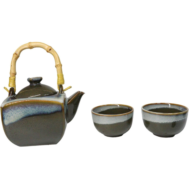 Ensemble de théière et 2 tasses à thé glaçure réactive Olive Green