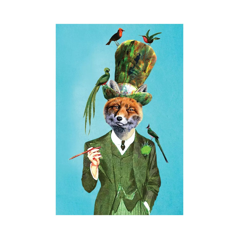 Fox With Hat And Birds by Coco De Paris - Floater Frame Print on Canvas, 66.04 cm H x 45.72 cm W x 1.91 cm D, Wrapped Canvas