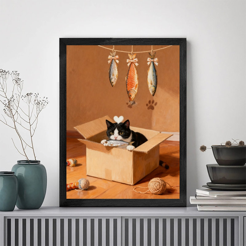 Black Framed Vintage Cats and their delicious dried fish Wall Art Retro Style Framed Prints, 37" H x 25" W