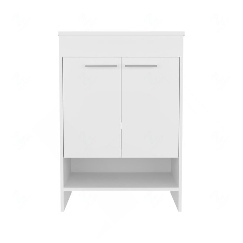 Meuble-lavabo avec quatre tiroirs et deux tablettes ouvertes, blanc