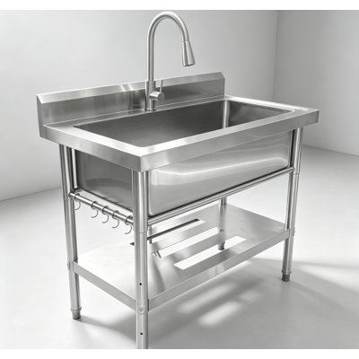 39-Inch Freestanding Stainless Steel Sink, Single Bowl Laundry Tub with Pull-Out Faucet & Easy Install Design for Kitchen, Garage & Basement