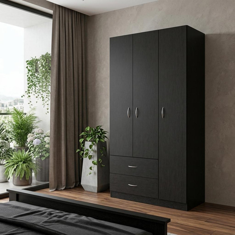 Commode combinée 71 po à deux tiroirs en bois noir, Noir
