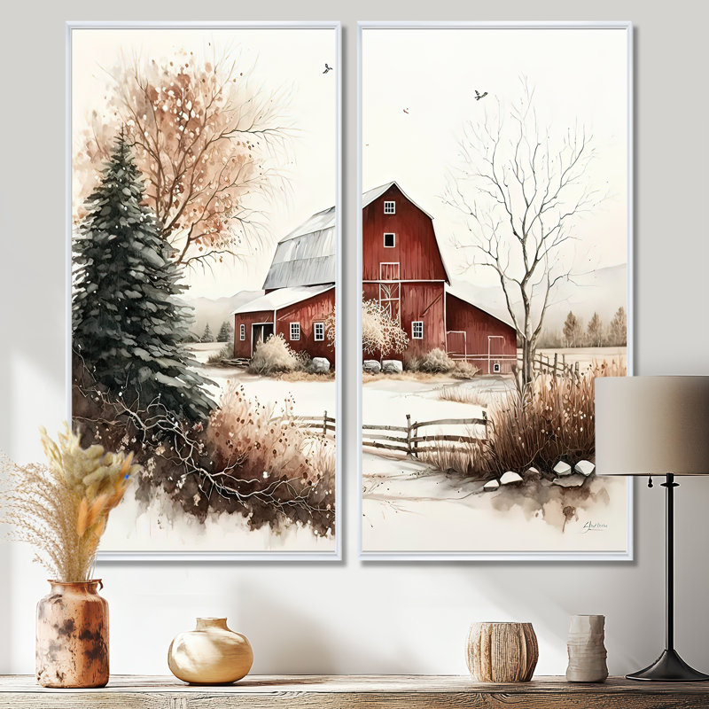 Église en campagne pendant l'hiver I - art mural vert traditionnel 2 pièces, 32" H x 32" W, Framed Print without Mat, White