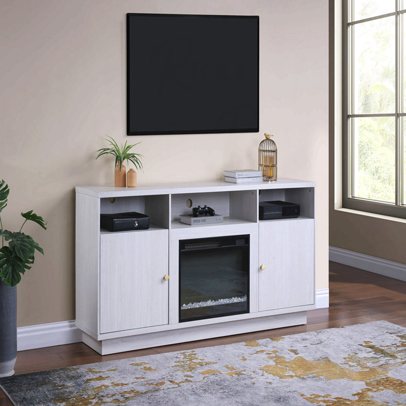 Meuble télé 70 po à finition noyer blanc avec foyer, lumière DEL, armoires, tablettes, Blanc