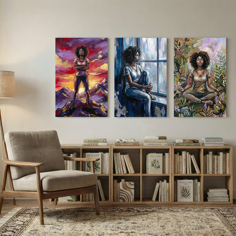 «Abstract Empowered Woman In Three Scenic Réglages», ensemble de 3 impressions d'art sur toile, 18” H x 36” W
