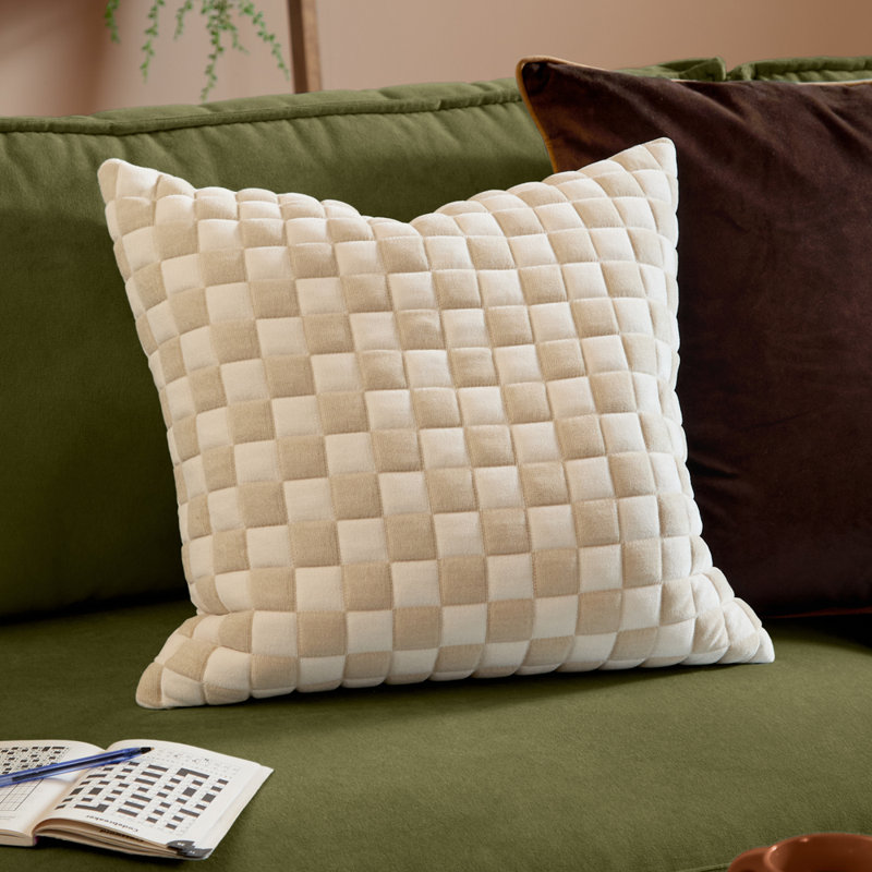 Softie Checkerboard Beige Square Throw Cushion, Feather, Beige Plaid