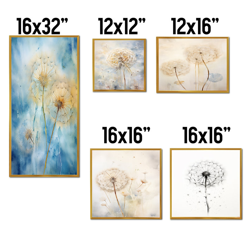 Blue Dandelion Dreams - Pissenlit, ensemble de 5 reproductions d'art sur toile, Cadre flottant doré