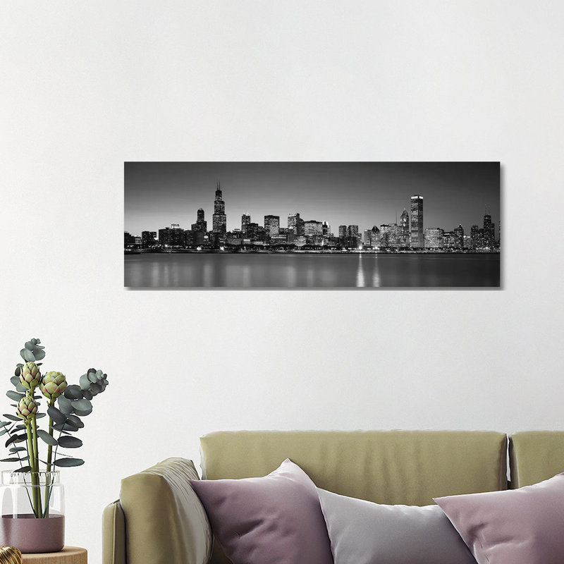 Dusk, Skyline, Chicago, Illinois, USA BW Black And White by Panoramic Images - Wrapped Canvas Print