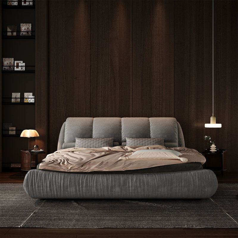 Lit plateforme tapissier surdimensionné et rembourré, Gris, Grand lit