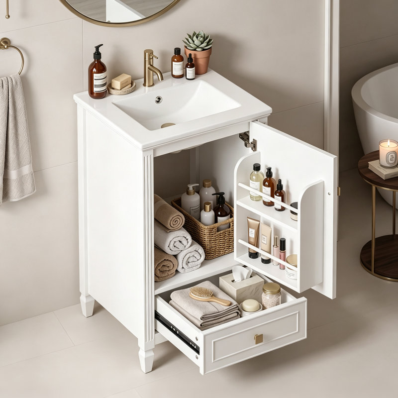 Ensemble de meuble-lavabo simple autoportant 20 po avec lavabo en céramique, support de porte et tiroir inférieur