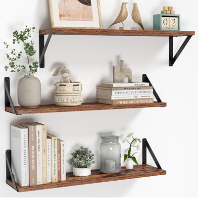 Floating Shelves Set Of 3,  Wall Mounted Shelves For Bathroom Bedroom Kitchen, Sturdy Wood Shelves With Metal Brackets, Space Saving Storage Solution